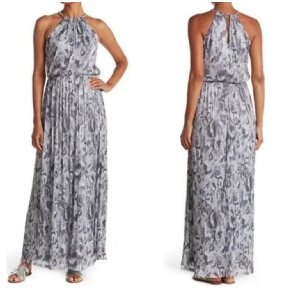 NWT Eliza J Sleeveless Chain Halter Neck‎ Metallic Blue Gray Maxi Dress Size 8